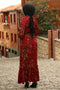 FLOWER PATTERNED CLARET RED DRESS